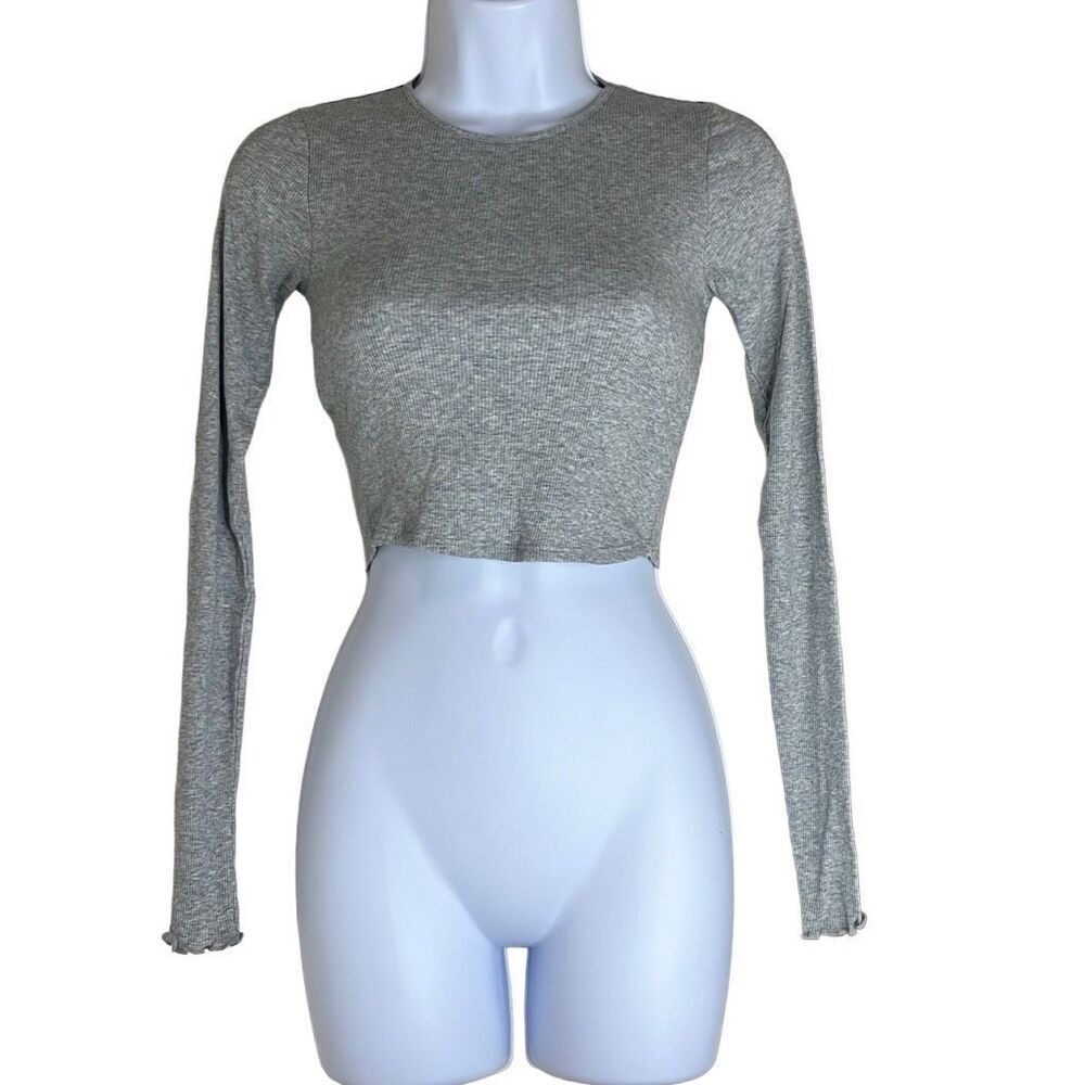 Skin Andreea Ali 0 XS‎ Crop Top Gray Organic Pima Cotton Ribbed Long Sleeve NWT